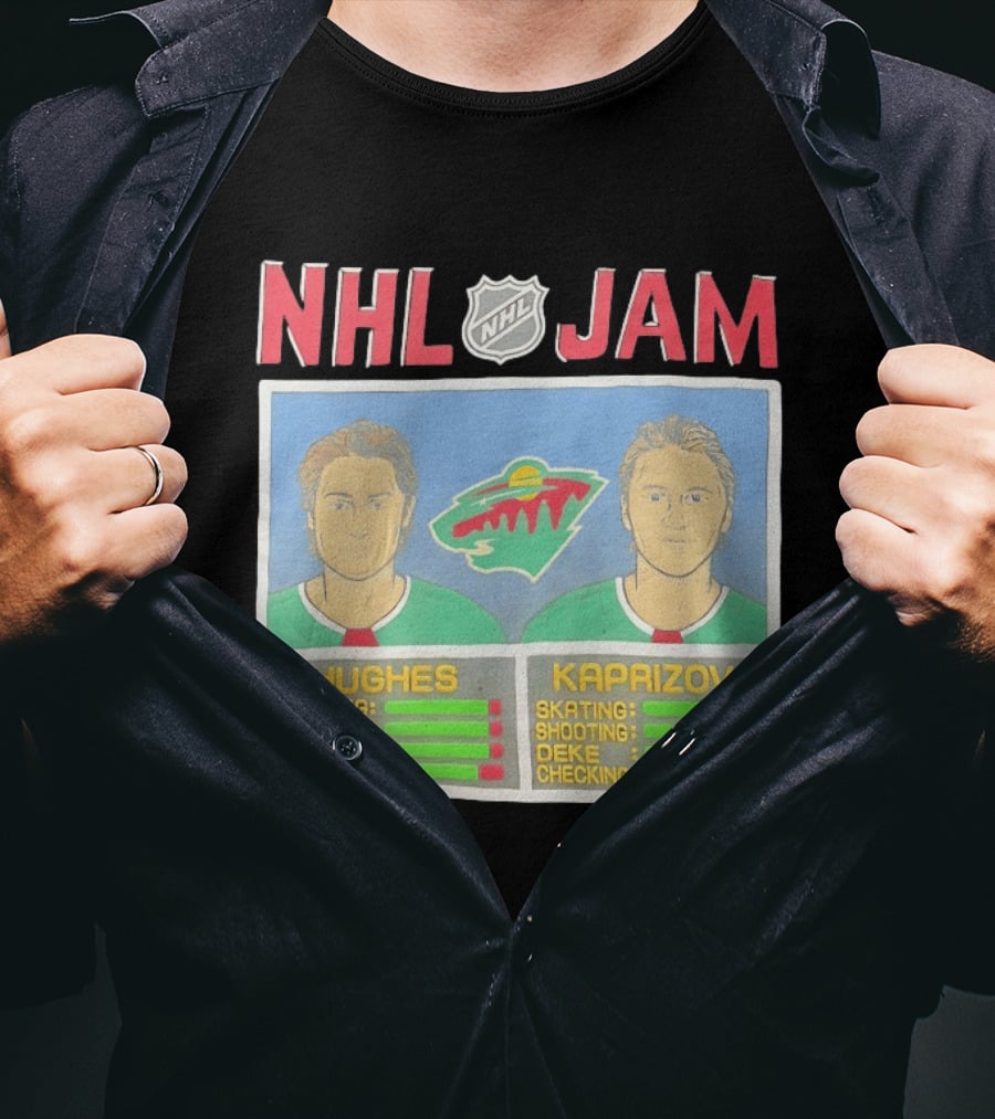 NHL Jam Hughes Kaprizov Minnesota Wild Skating Shooting Deke Checking T-Shirt