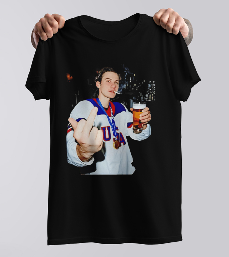 USA Hockey Player Victory Celebration Smoking Beer Middle Finger T-Shirt