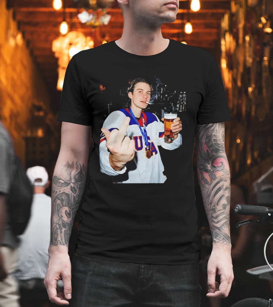 USA Hockey Player Victory Celebration Smoking Beer Middle Finger T-Shirt