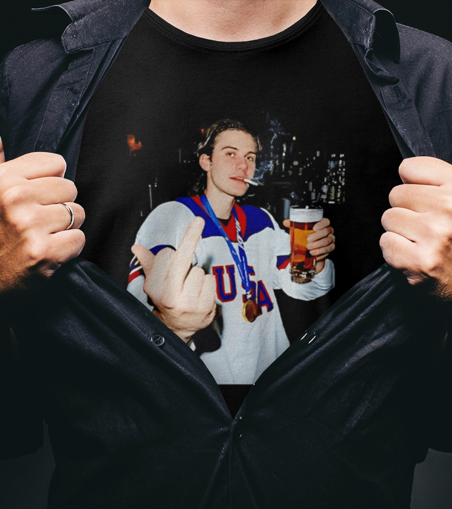 USA Hockey Player Victory Celebration Smoking Beer Middle Finger T-Shirt