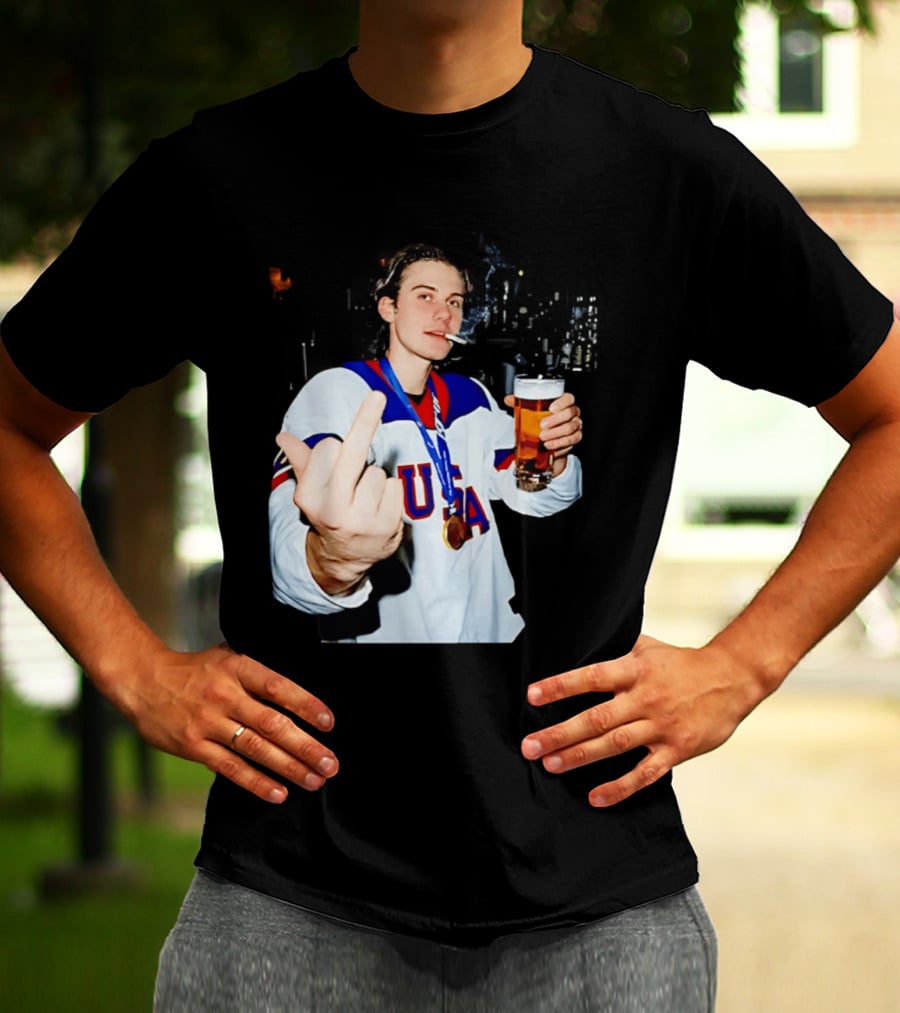 USA Hockey Player Victory Celebration Smoking Beer Middle Finger T-Shirt