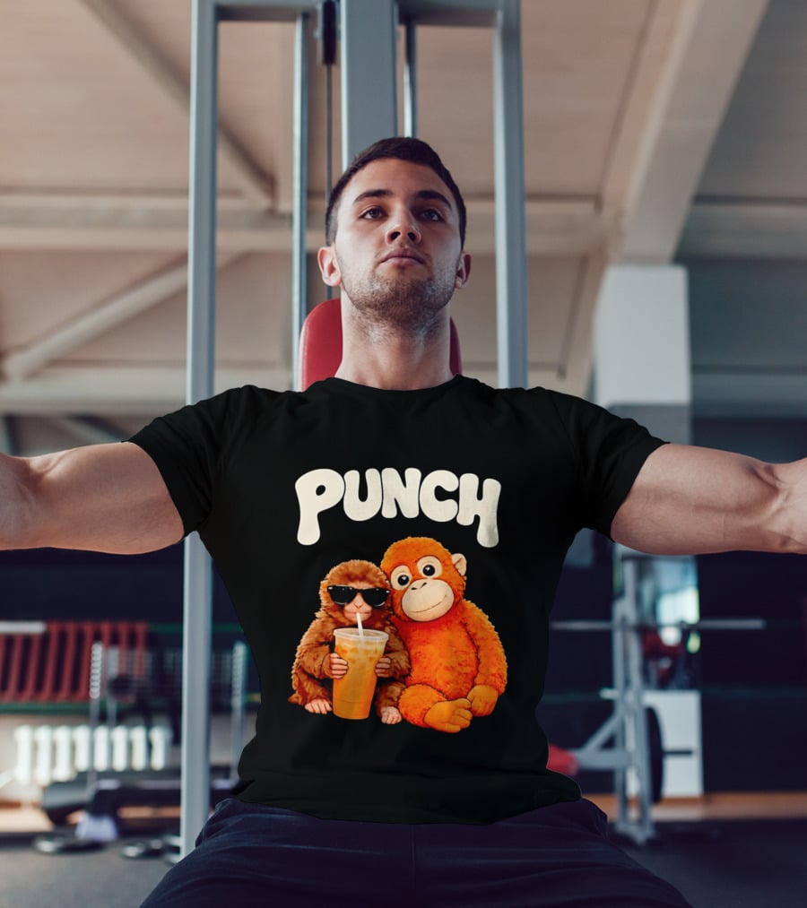 PUNCH Brown Monkey With Orange Plush And Iced Drink T-Shirt