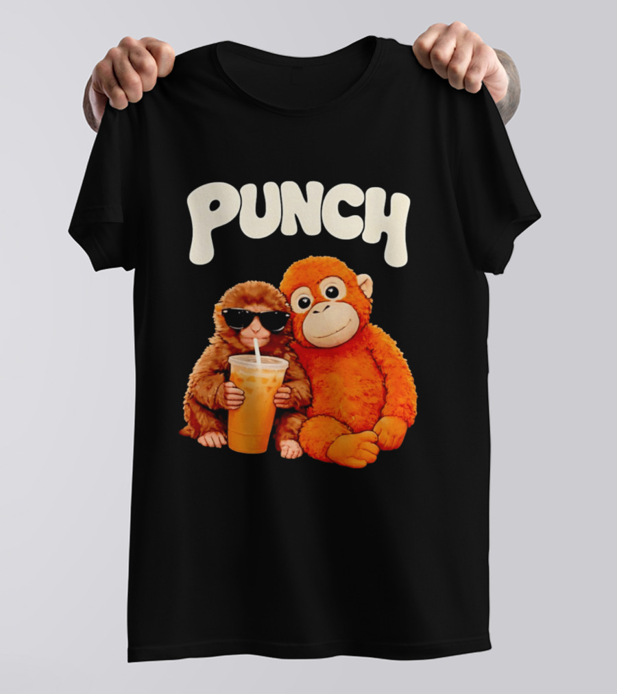 PUNCH Brown Monkey With Orange Plush And Iced Drink T-Shirt