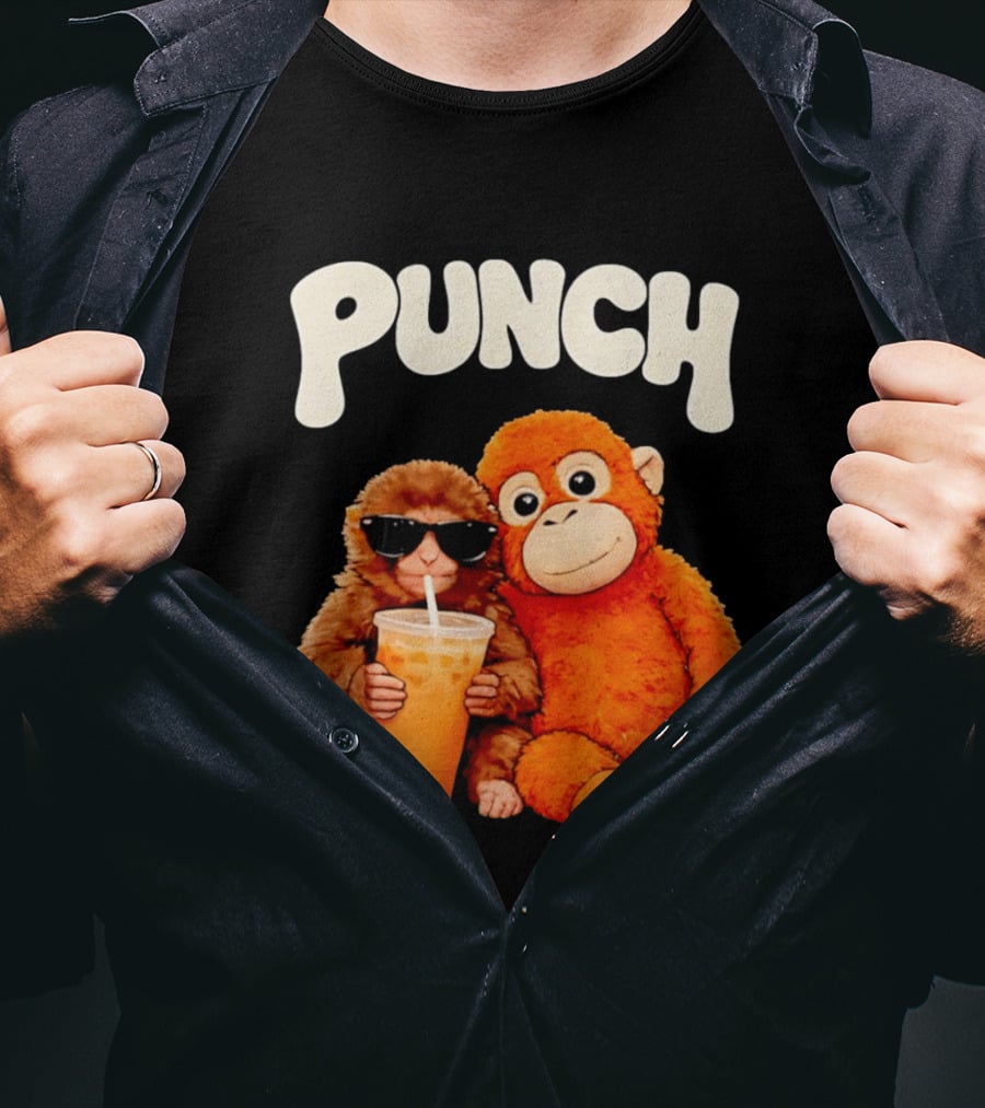 PUNCH Brown Monkey With Orange Plush And Iced Drink T-Shirt