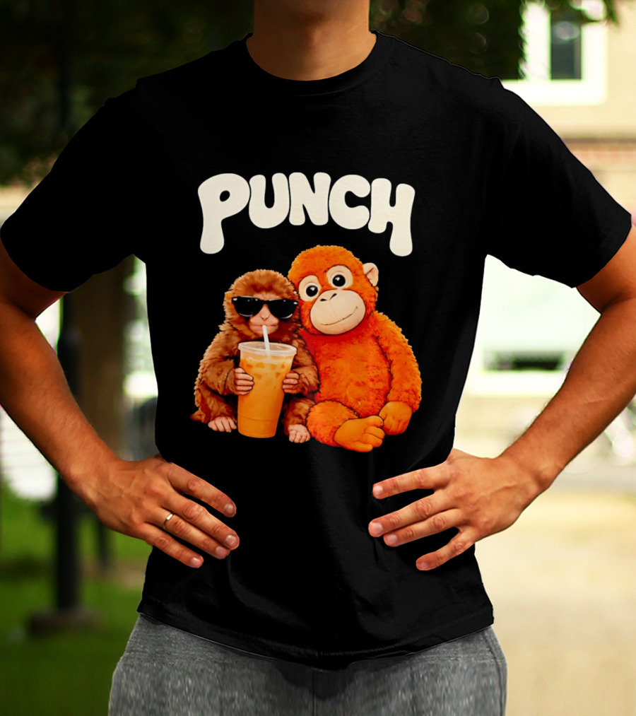 PUNCH Brown Monkey With Orange Plush And Iced Drink T-Shirt