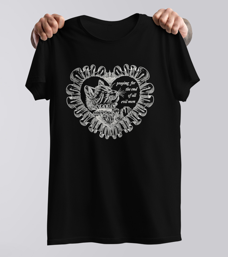 Cat Praying For The End Of All Evil Men Heart Shape T-Shirt