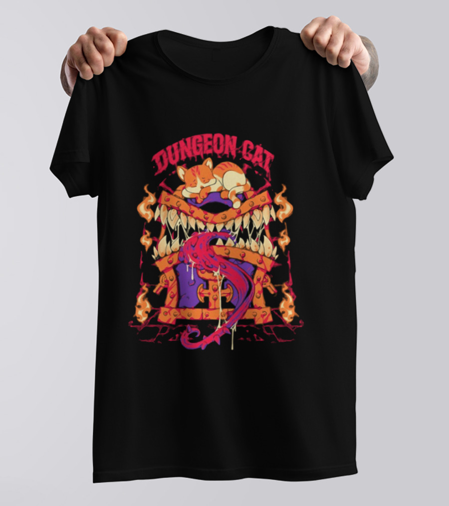 Dungeon Cat Sleeping On Monstrous Chest Surrounded By Flames And Tentacles T-Shirt
