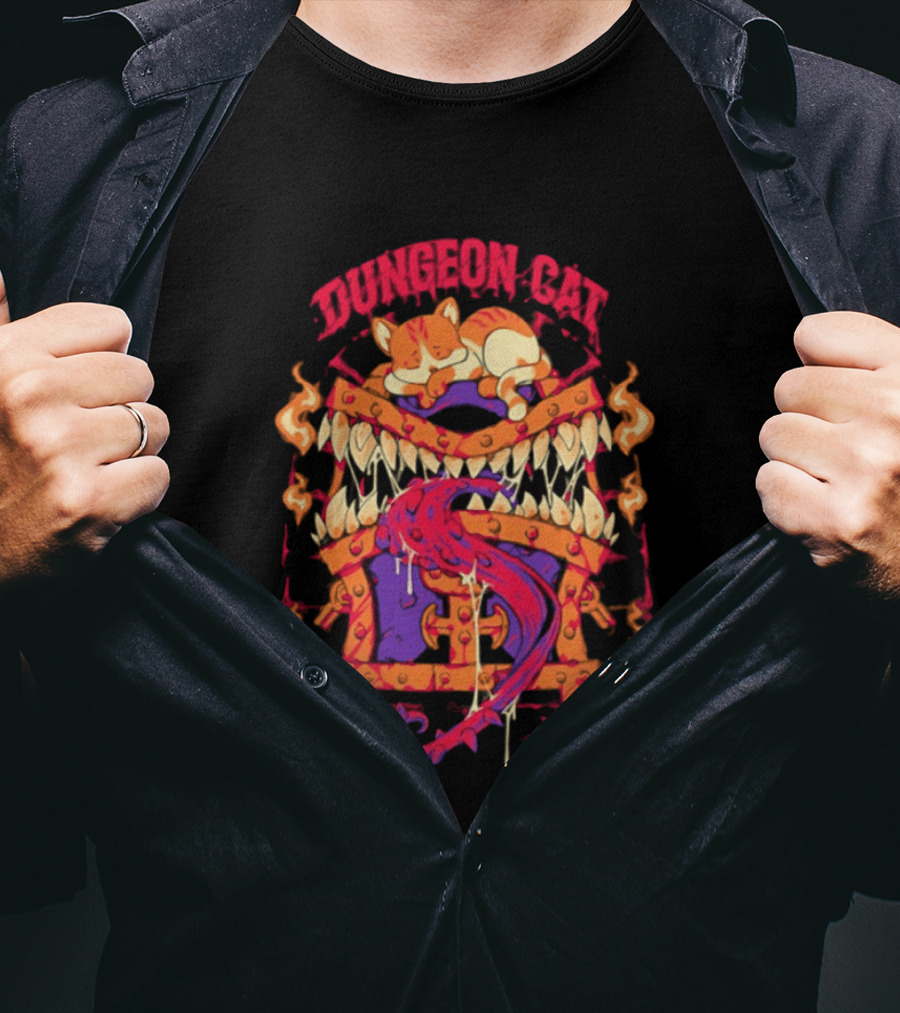 Dungeon Cat Sleeping On Monstrous Chest Surrounded By Flames And Tentacles T-Shirt