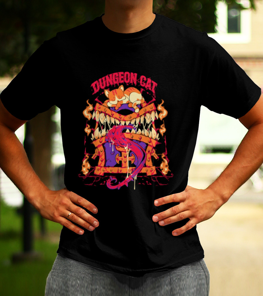 Dungeon Cat Sleeping On Monstrous Chest Surrounded By Flames And Tentacles T-Shirt
