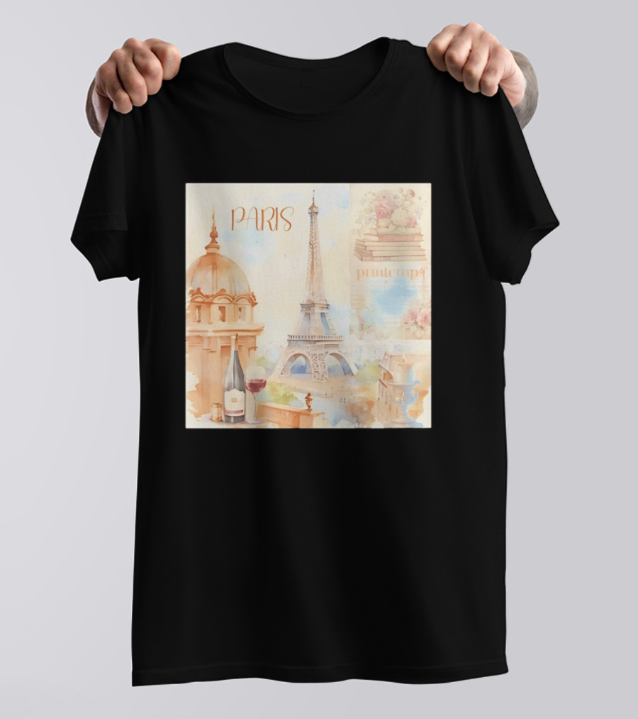 Paris Printemps Eiffel Tower Wine Flowers Books T-Shirt