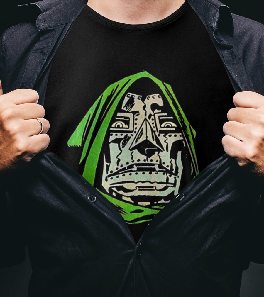 Victor Von Doom Dr Doom Comic Face Drawing Green Hood T-Shirt