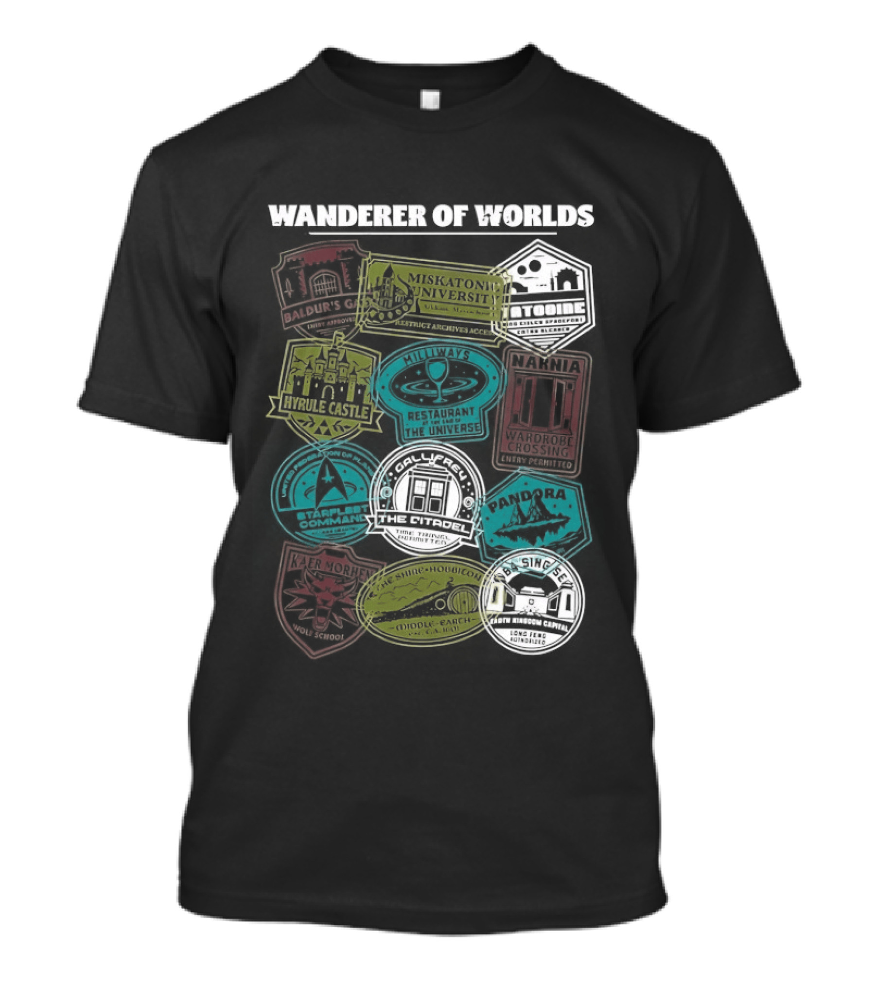 Wanderer Of Worlds Travelers Interdimensional Passport Stamps Portal Adventures T-Shirt