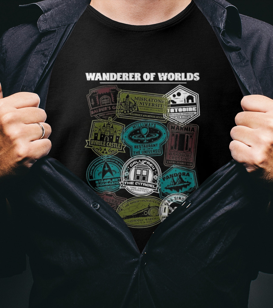 Wanderer Of Worlds Travelers Interdimensional Passport Stamps Portal Adventures T-Shirt