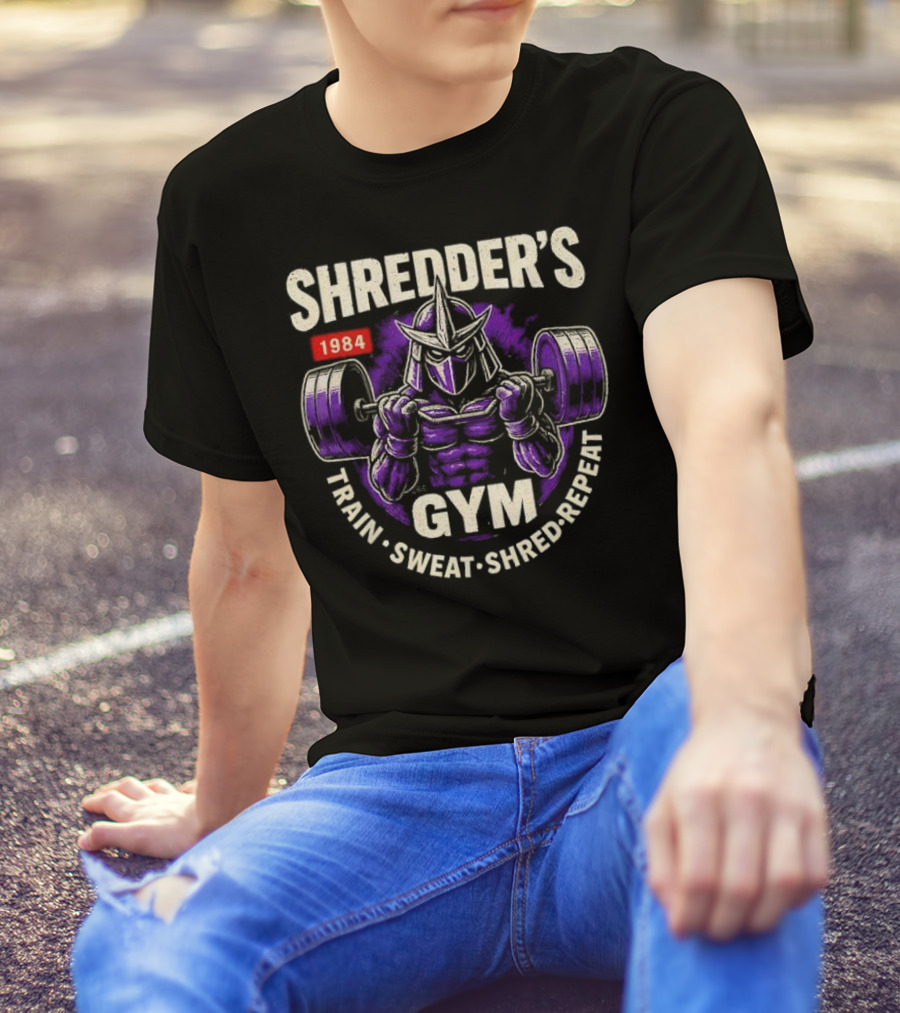 Shredder's 1984 Gym Train Sweat Shred Repeat Ninja Warrior Fitness T-Shirt