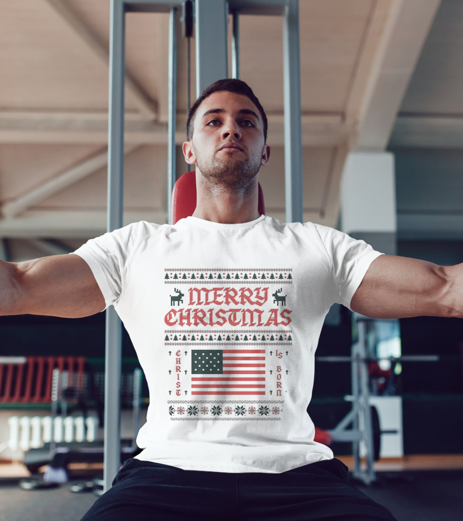 Merry Christmas 2025 American Flag Ugly Christmas Pixel Reindeer Stars Stripes T-Shirt