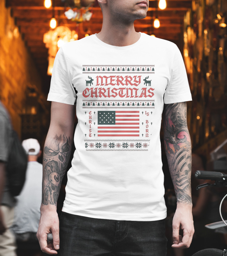 Merry Christmas 2025 American Flag Ugly Christmas Pixel Reindeer Stars Stripes T-Shirt