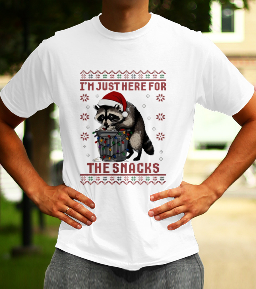 Raccoon In Santa Hat With Trash Can Lights I'm Just Here For The Snacks T-Shirt
