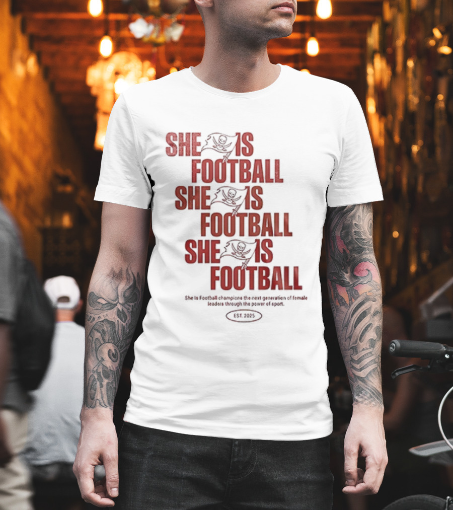 Tampa Bay Buccaneers She Is Football Repeating Text T-Shirt