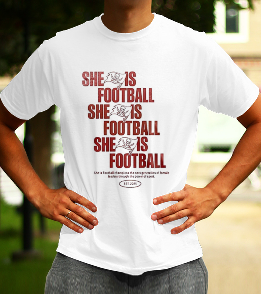 Tampa Bay Buccaneers She Is Football Repeating Text T-Shirt