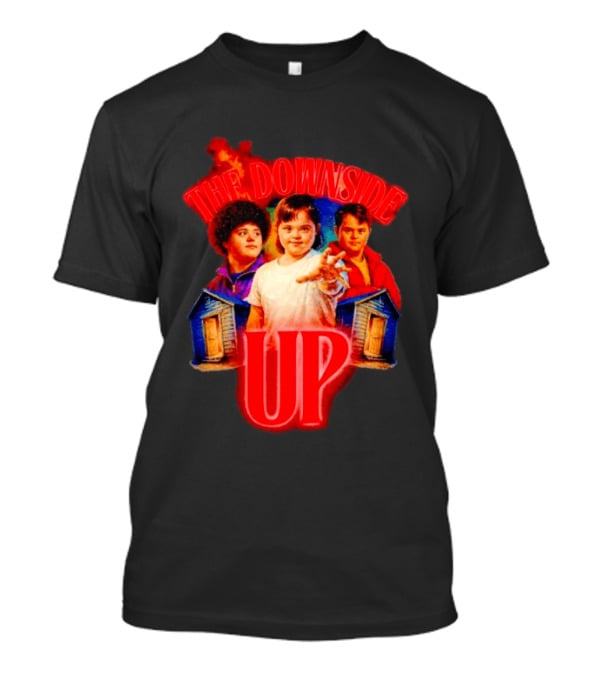 The Downside Up Stranger Things Meme Parody With Character Trio And Cabins T-Shirt