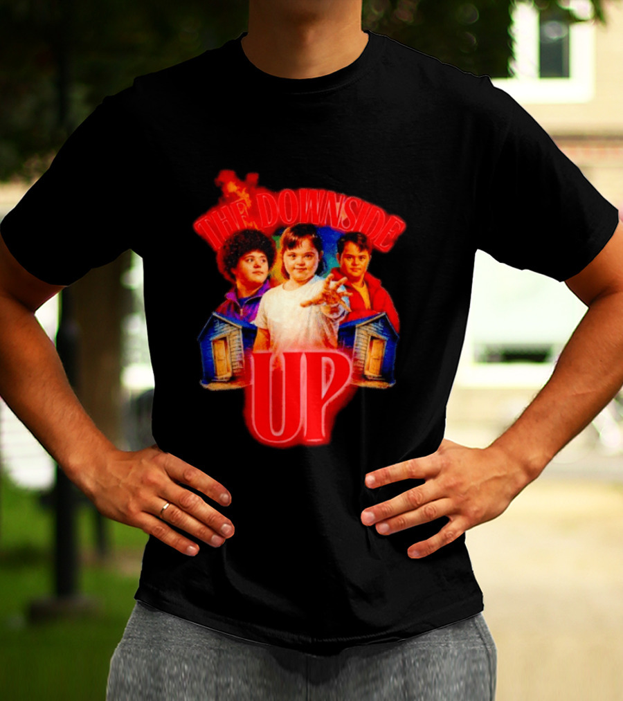 The Downside Up Stranger Things Meme Parody With Character Trio And Cabins T-Shirt