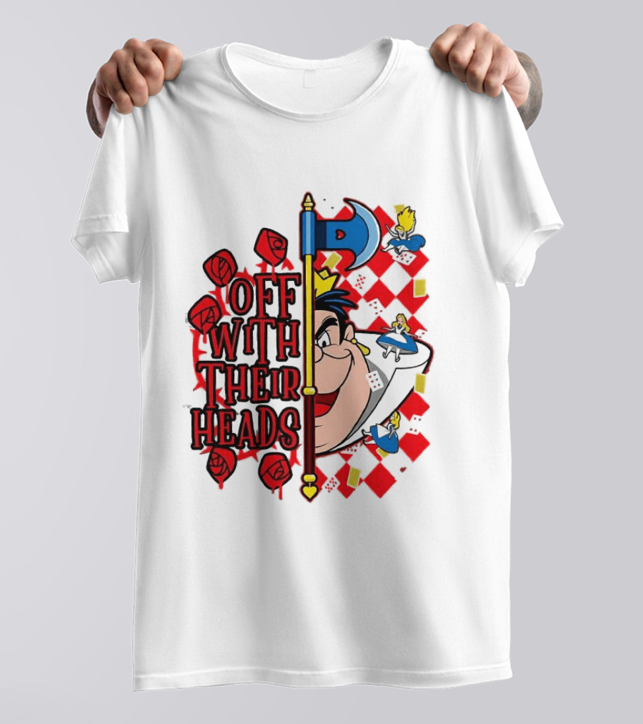Off With Their Heads Queen Hearts Alice In Wonderland Axe Chessboard Cartoon T-Shirt