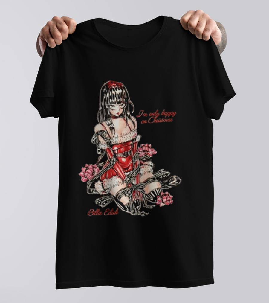Billie Eilish I'm Only Happy On Christmas Red Outfit Wrapping Ribbon T-Shirt