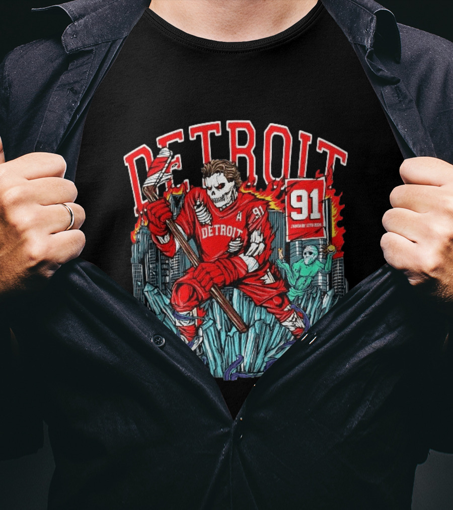 Detroit Red Wings Skeleton Hockey Player 91 January 17th 2026 T-Shirt