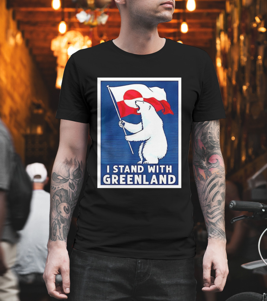 I Stand With Greenland Polar Bear Holding Flag Solidarity Banner T-Shirt
