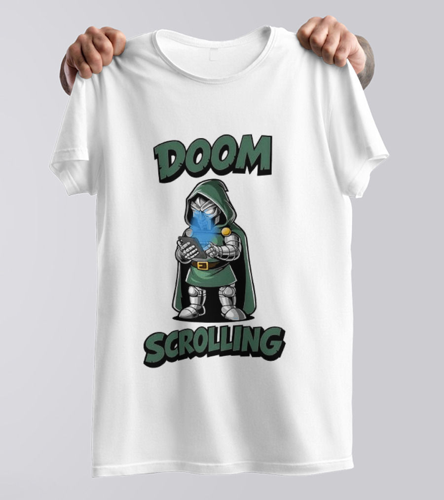 Doom Scrolling Dr Doom Comic Character With Phone T-Shirt
