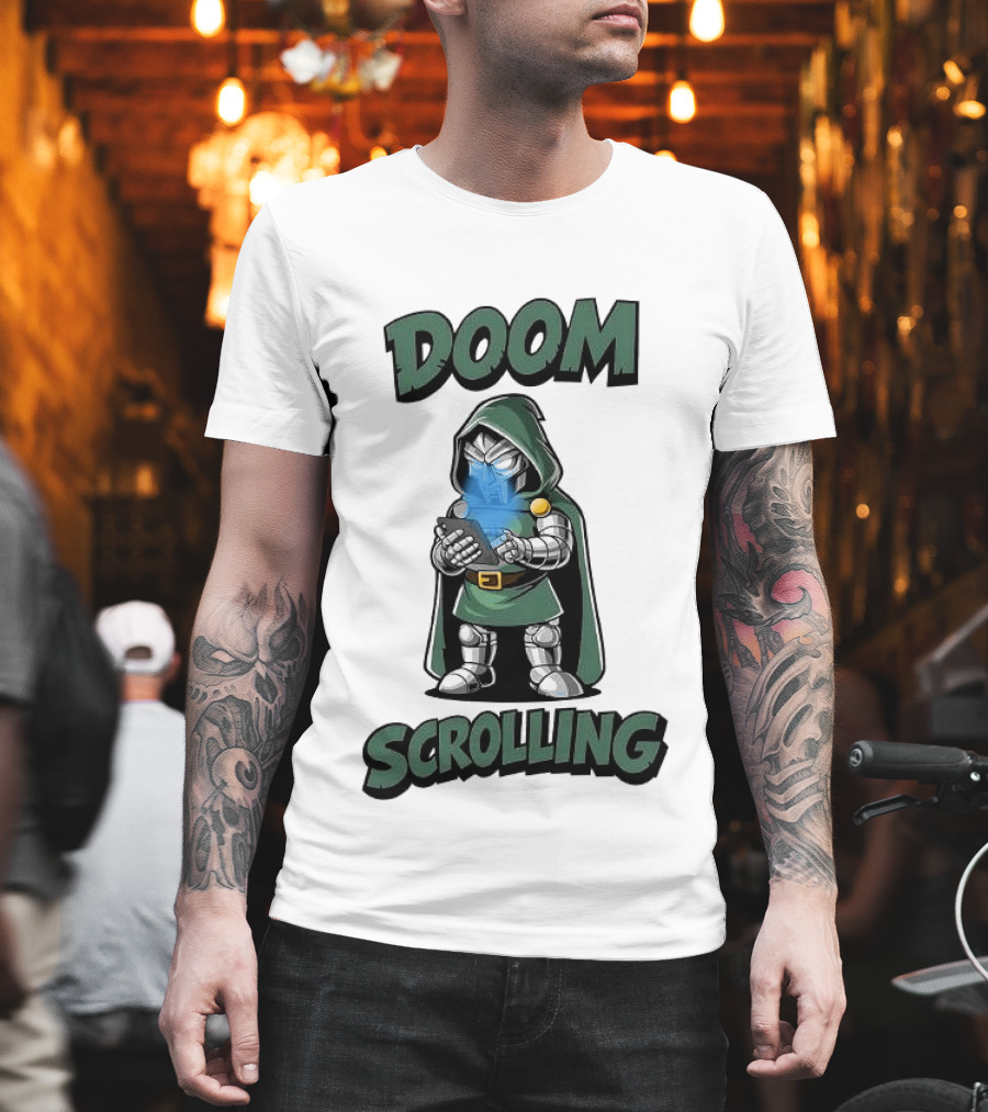 Doom Scrolling Dr Doom Comic Character With Phone T-Shirt