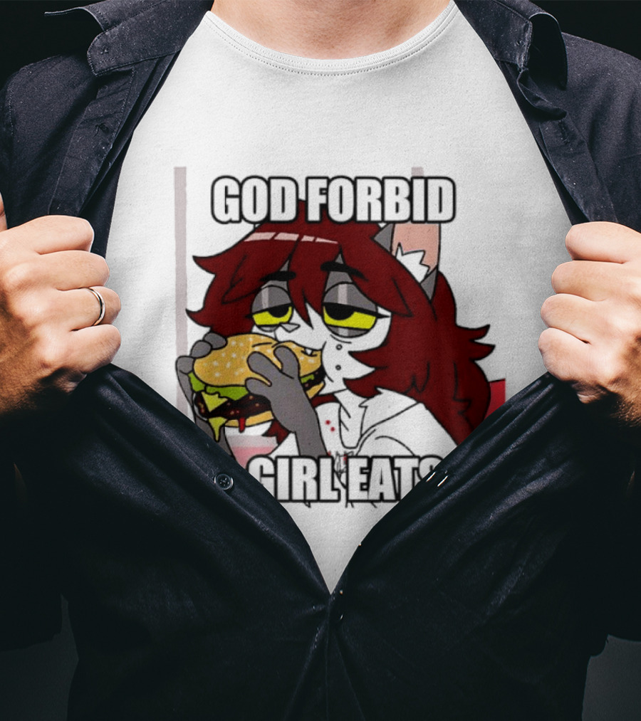 God Forbid A Girl Eats Lazy Cartoon Character Eating Burger T-Shirt