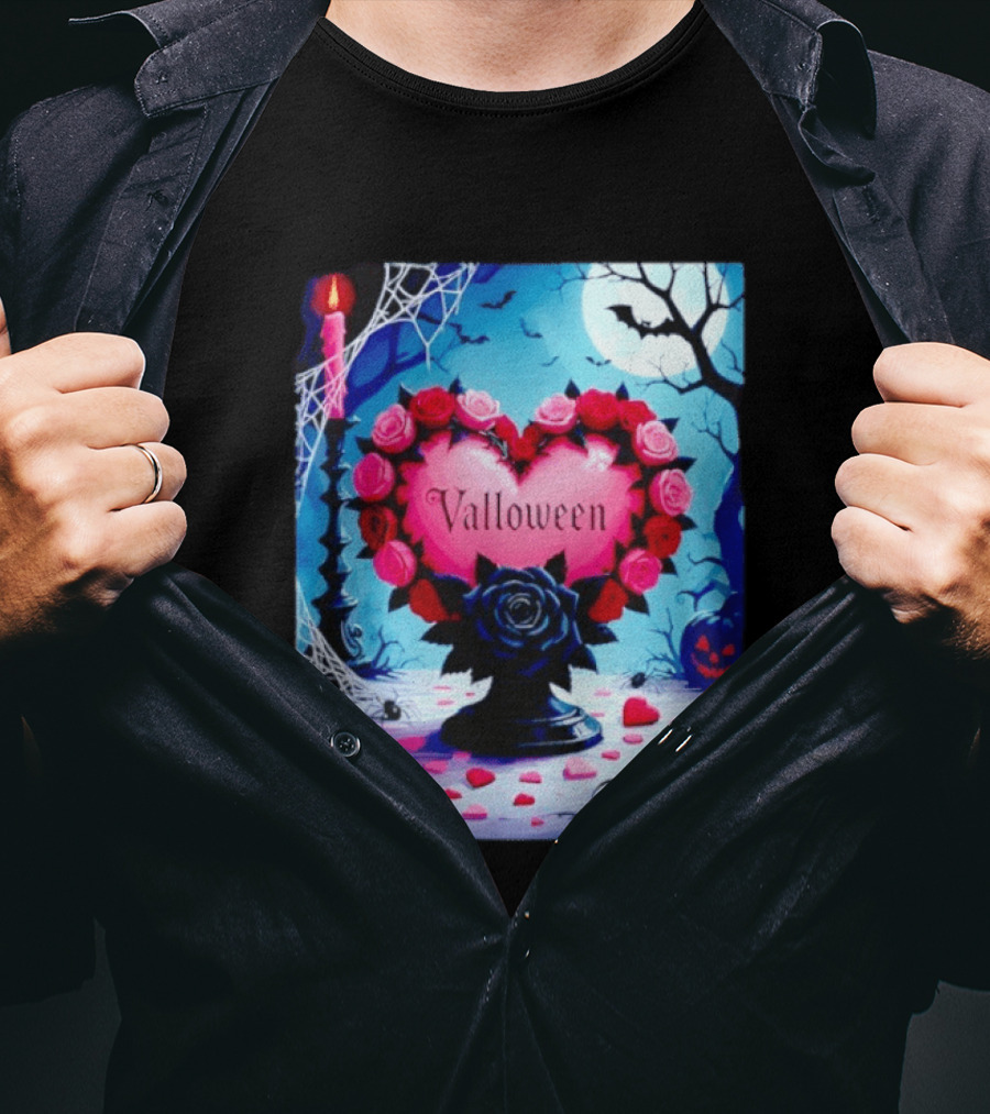 Valloween Romance And Menace Heart Rose Candle Moonlit Halloween T-Shirt