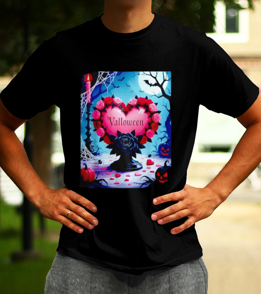 Valloween Romance And Menace Heart Rose Candle Moonlit Halloween T-Shirt
