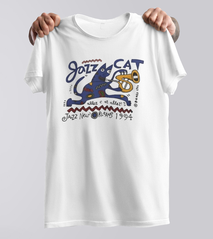 Jazz Cat New Orleans 1994 Cartoon Cat Playing Saxophone T-Shirt