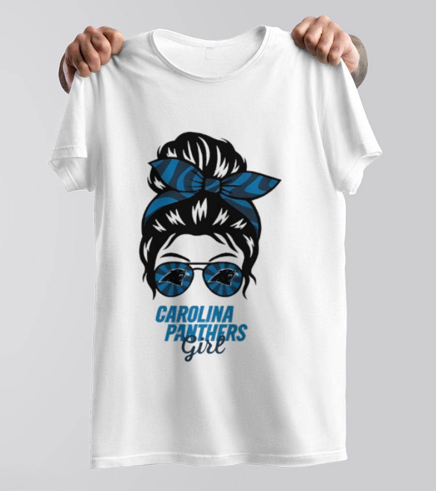 Carolina Panthers Girl Messy Bun Glasses Blue Bow Fan T-Shirt