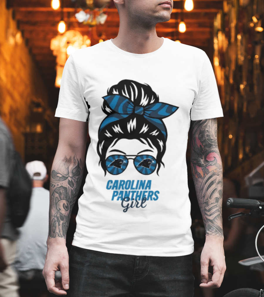 Carolina Panthers Girl Messy Bun Glasses Blue Bow Fan T-Shirt