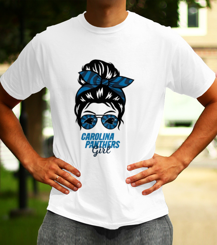 Carolina Panthers Girl Messy Bun Glasses Blue Bow Fan T-Shirt