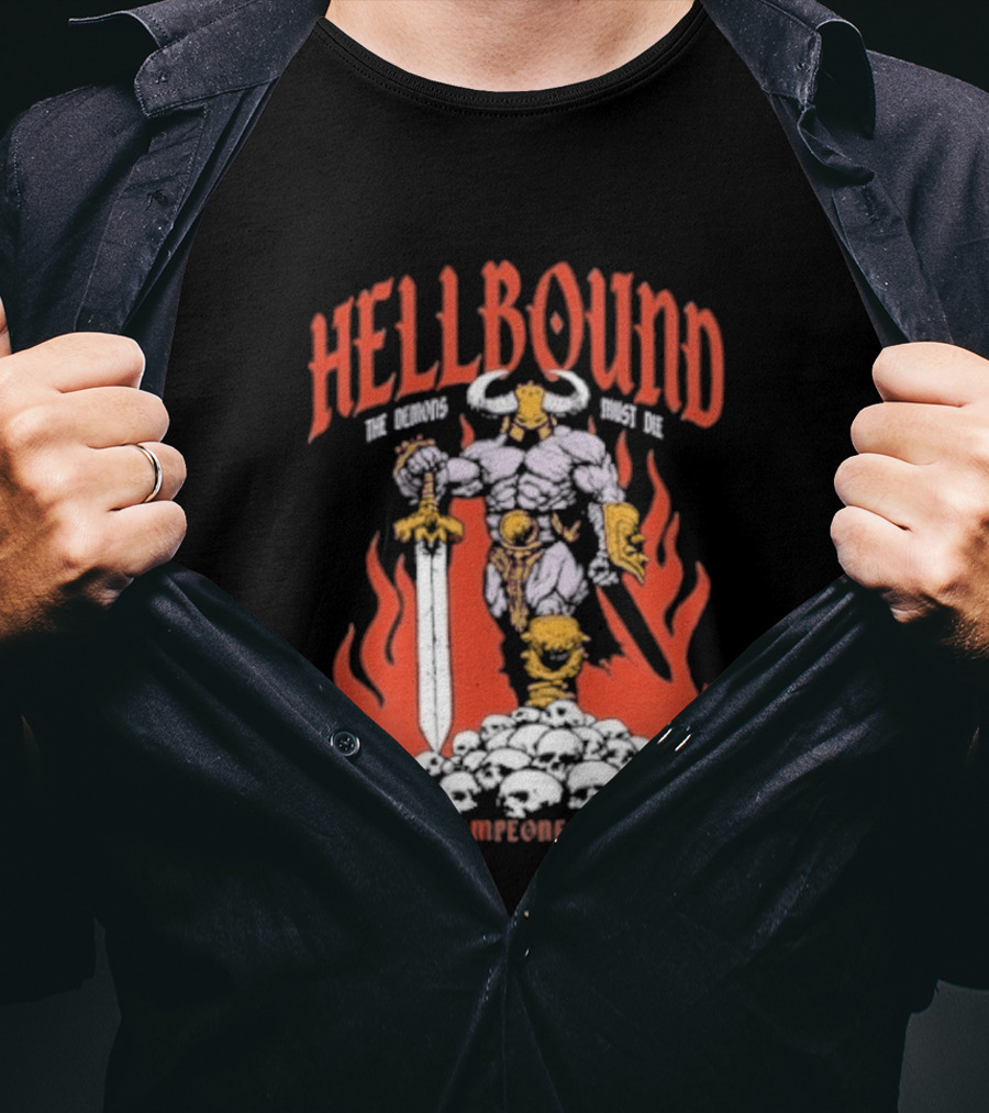 Hellbound Los Campeones Gym The Demos Warrior 2026 Flames Sword Iconic Warrior T-Shirt