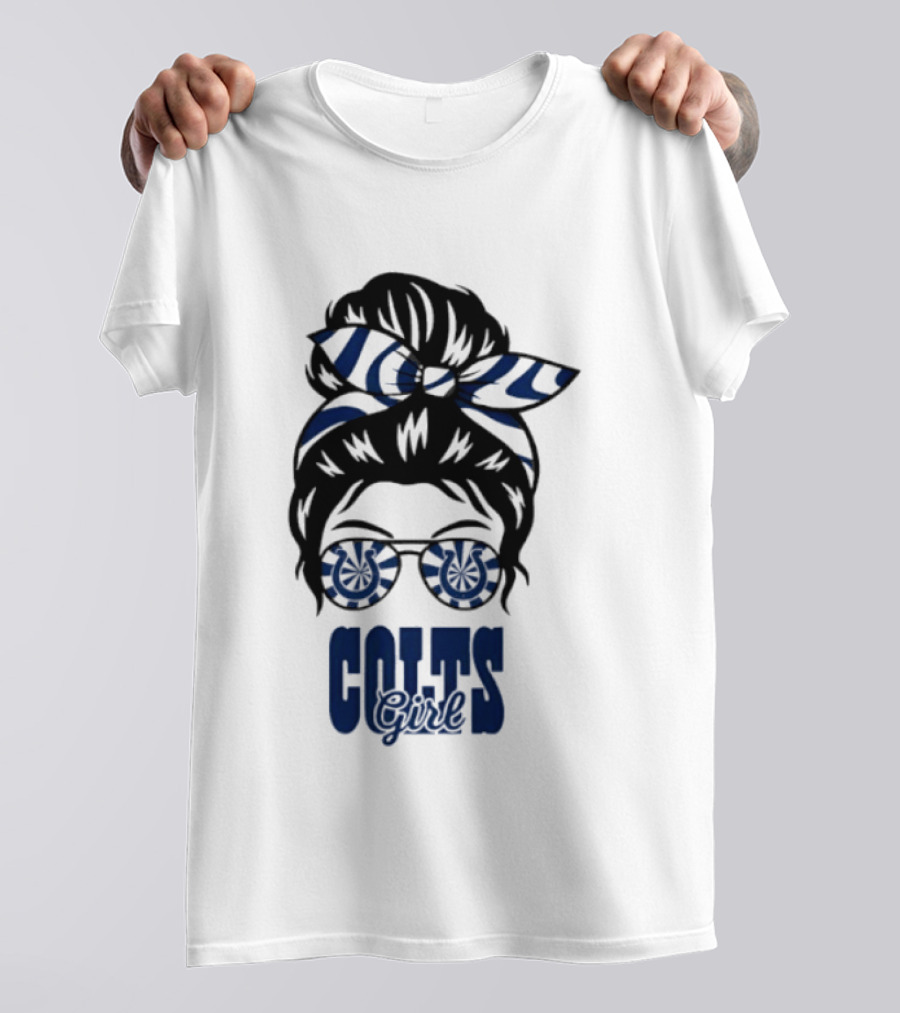 Indianapolis Colts Fan Messy Bun Glasses T-Shirt