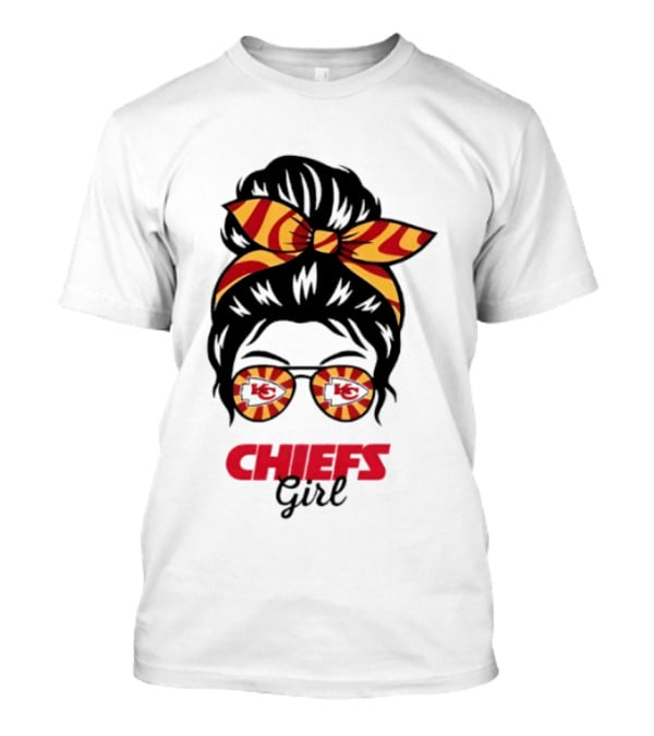 Kansas City Chiefs Girl Messy Bun With Striped Bow And Glasses T-Shirt