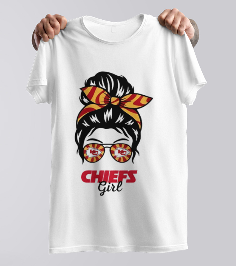 Kansas City Chiefs Girl Messy Bun With Striped Bow And Glasses T-Shirt