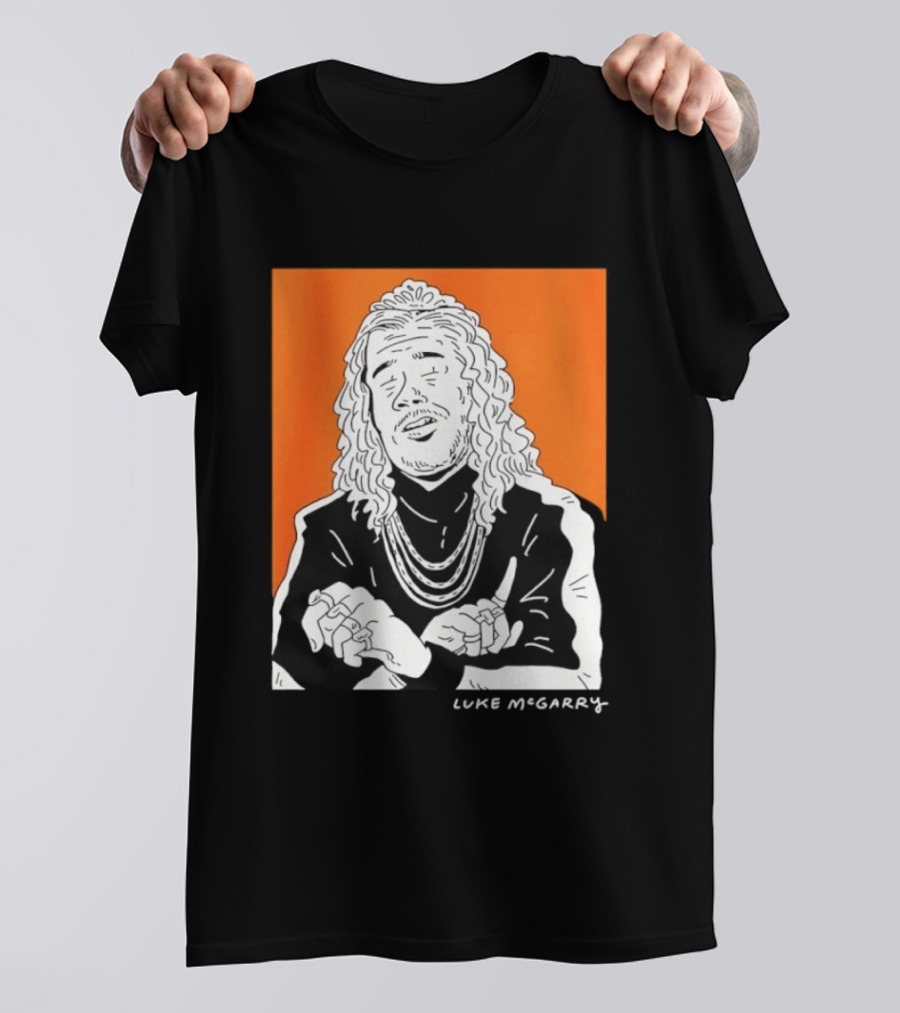 Luke McGarry Cartoon Character With Long Hair And Chains On Orange T-Shirt