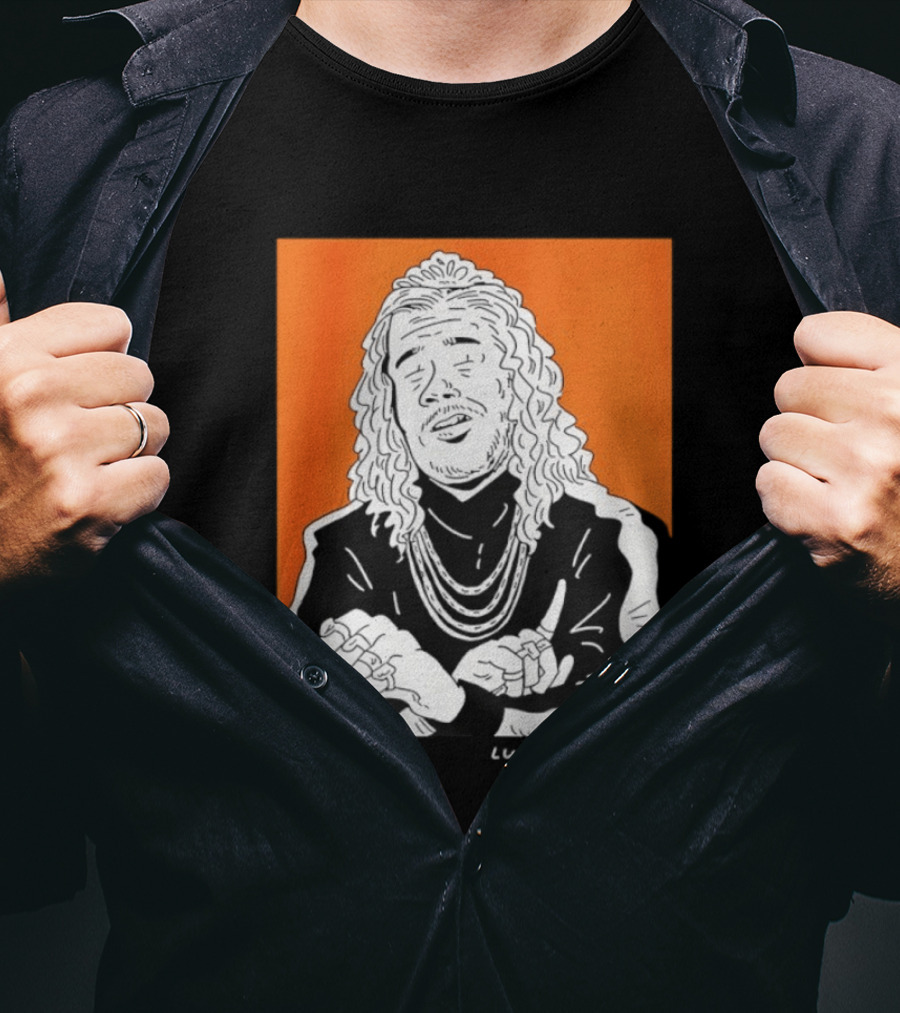 Luke McGarry Cartoon Character With Long Hair And Chains On Orange T-Shirt
