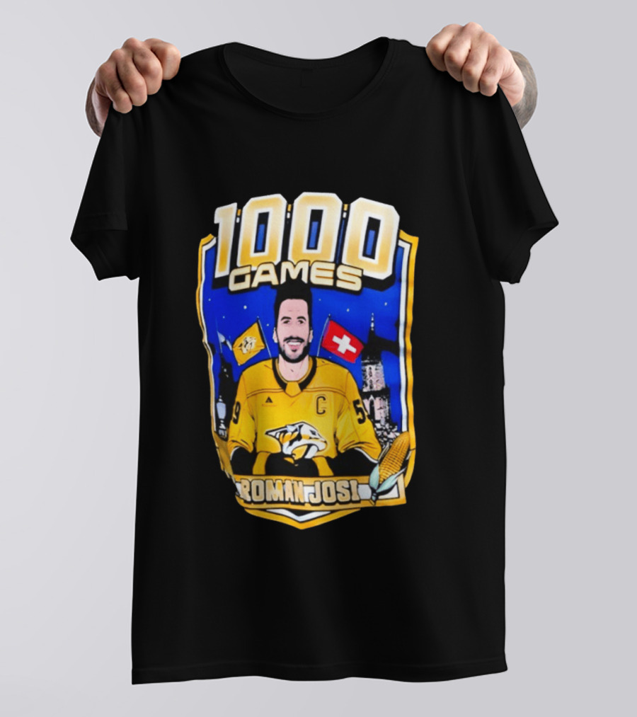 Nashville Predators Roman Josi 1000 Games Celebration NHL Captain Swiss Flag T-Shirt