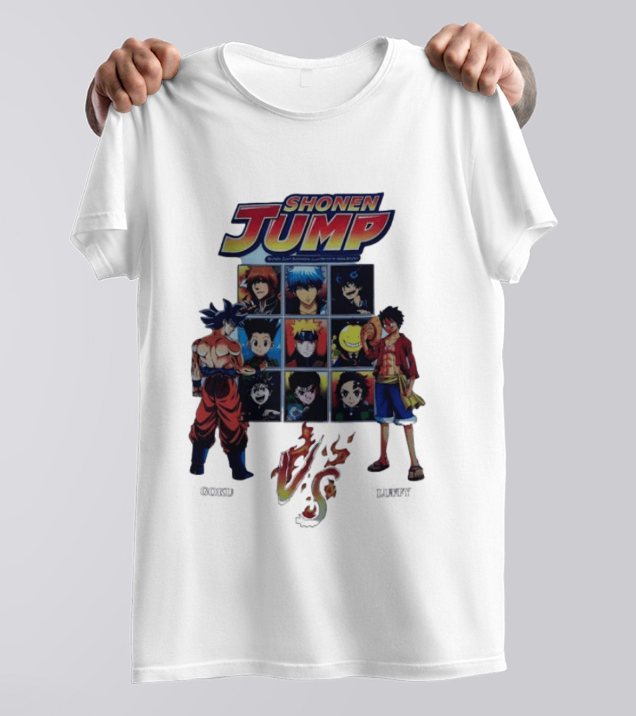 Shonen Jump Goku Luffy Anime Crossover Naruto One Piece Classic Manga Characters T-Shirt