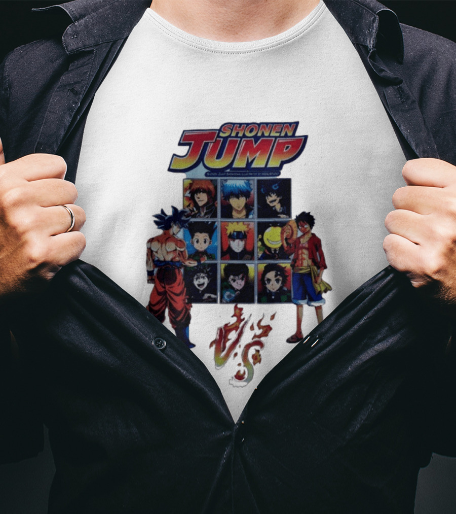 Shonen Jump Goku Luffy Anime Crossover Naruto One Piece Classic Manga Characters T-Shirt