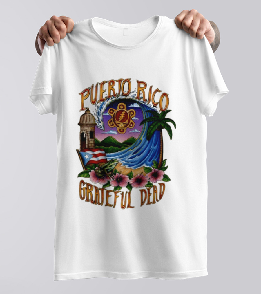 Puerto Rico Grateful Dead Tropical Wave With Hibiscus And Flag T-Shirt