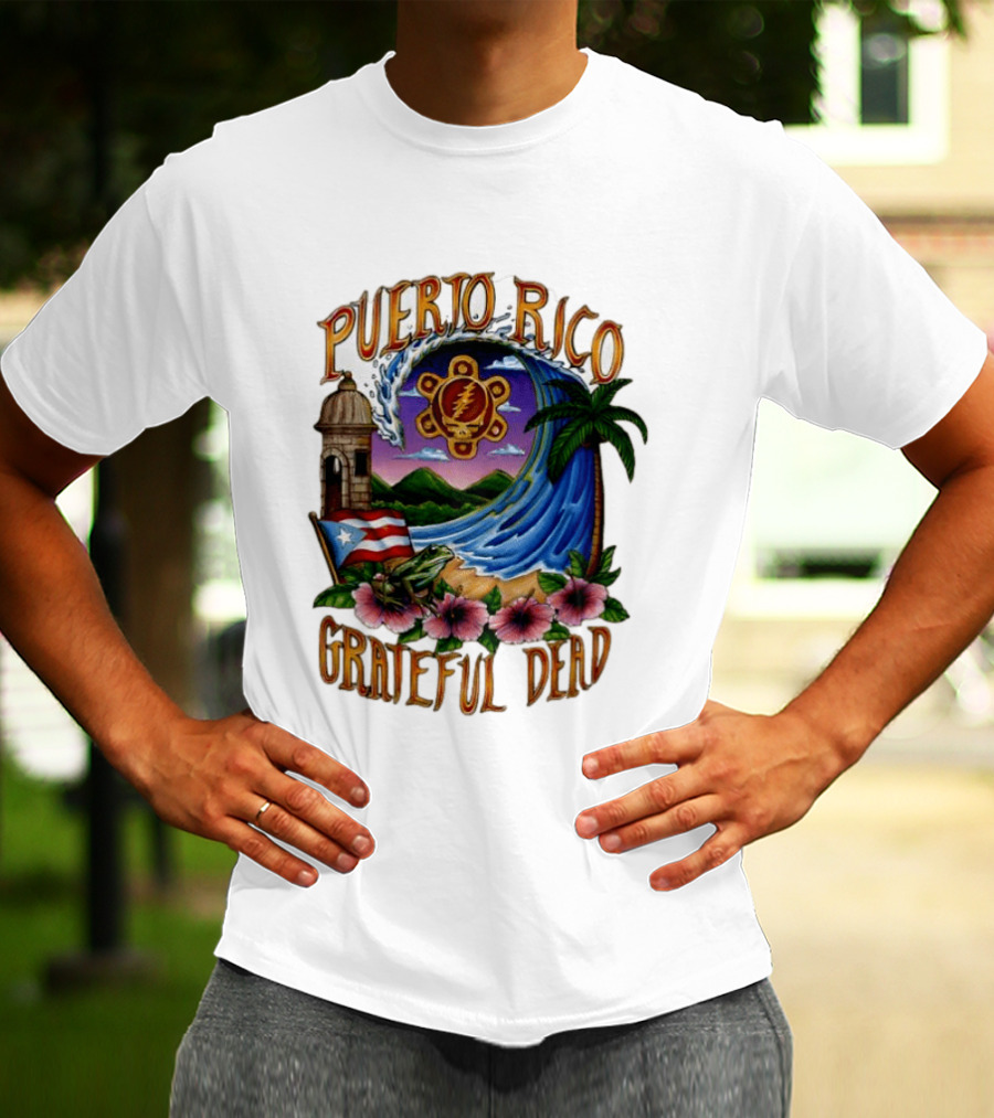 Puerto Rico Grateful Dead Tropical Wave With Hibiscus And Flag T-Shirt