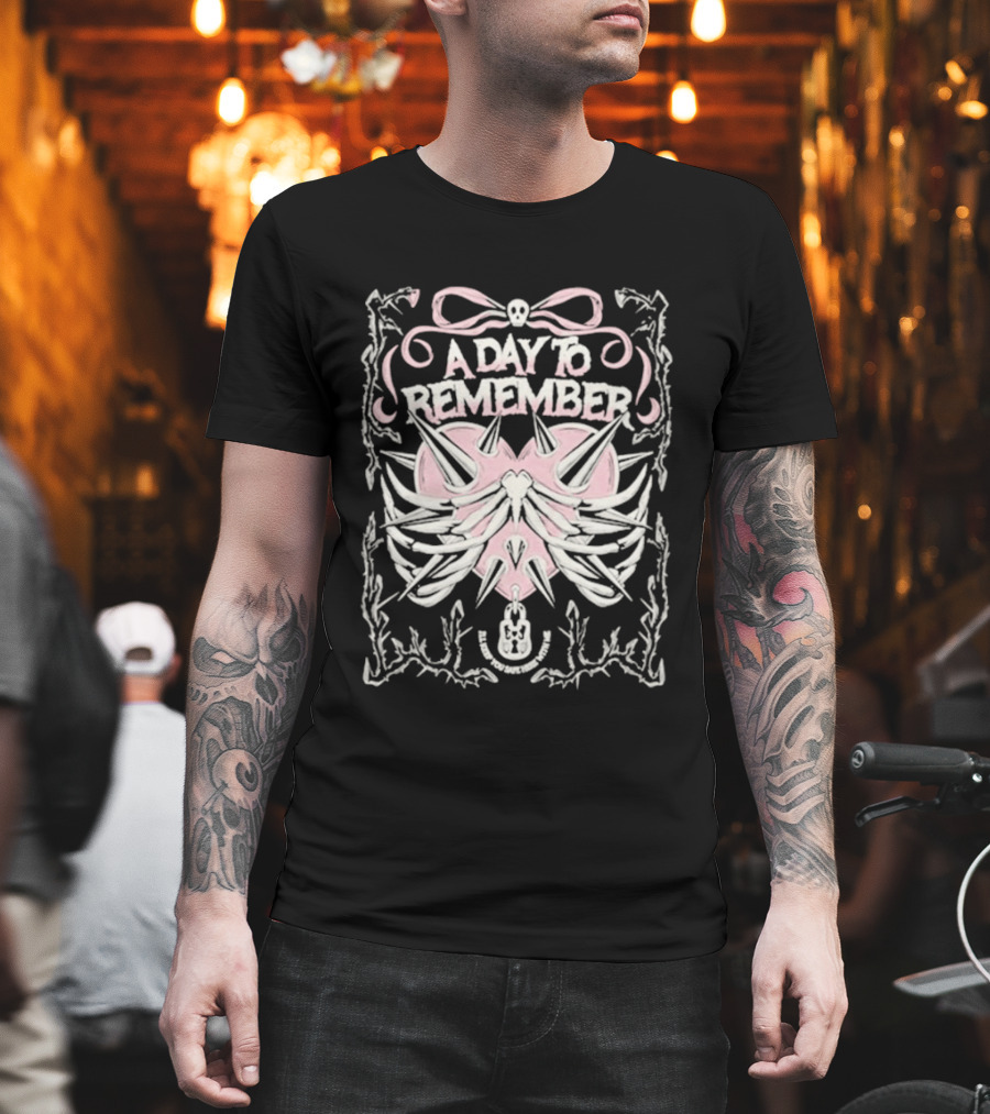 A Day To Remember Spiked Heart Pink Bow Skull Ribcage T-Shirt